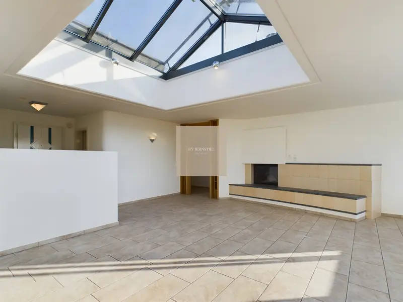 Living room of the penthouse in Oberkulm with a large glass roof and fireplace