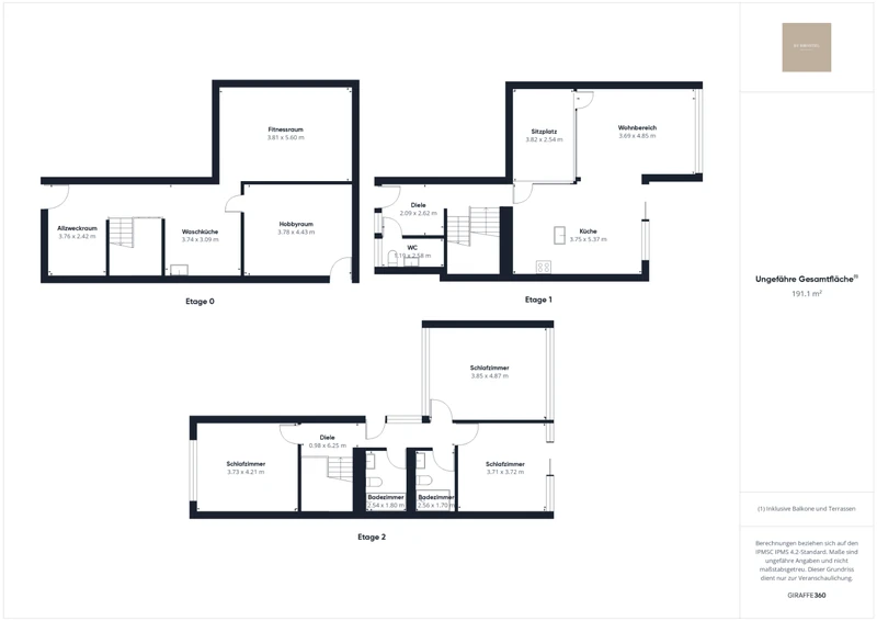 Floor plan of the terraced house over three floors: basement with fitness and hobby room, ground floor with kitchen and living area, upper floor with three bedrooms and two bathrooms